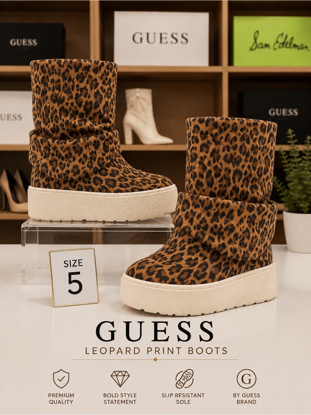 GUESS Leopard Print Platform Ankle Boots - Brown & Black